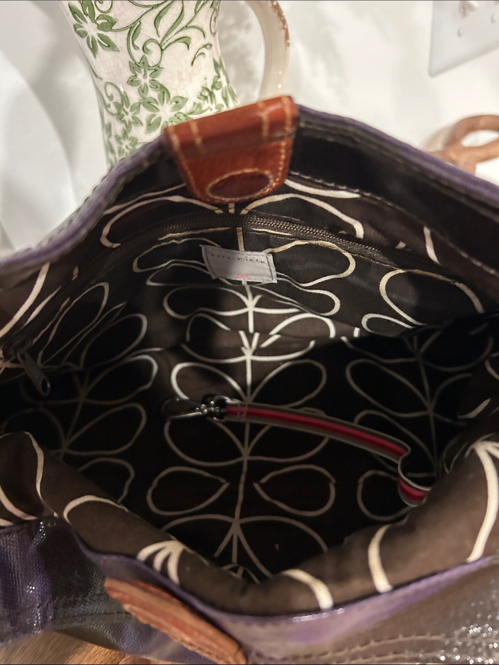 Orla Kiely Purple and Brown Floral Shoulder Bag with Gold Accents - Picture 4 of 5